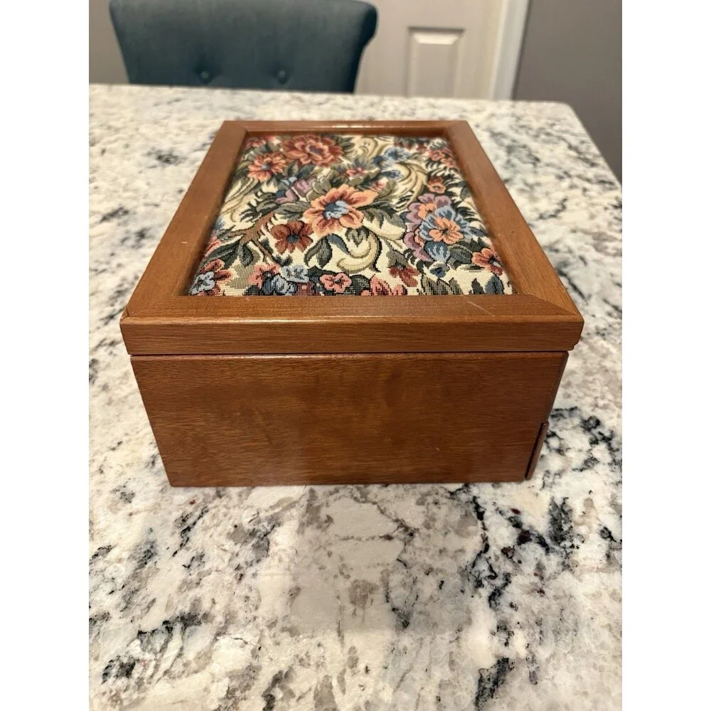 Vintage Floral Tapestry Top Wood Hinged Jewelry Box Pink Velvet Lining Drawer